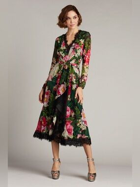 Tadashi Shoji “Iola Floral Print Dress” | Size 18 | Lace Trim Midi Dress